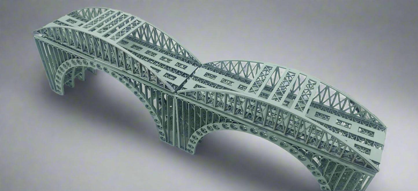 Painted twin track bowstring bridge with arches
